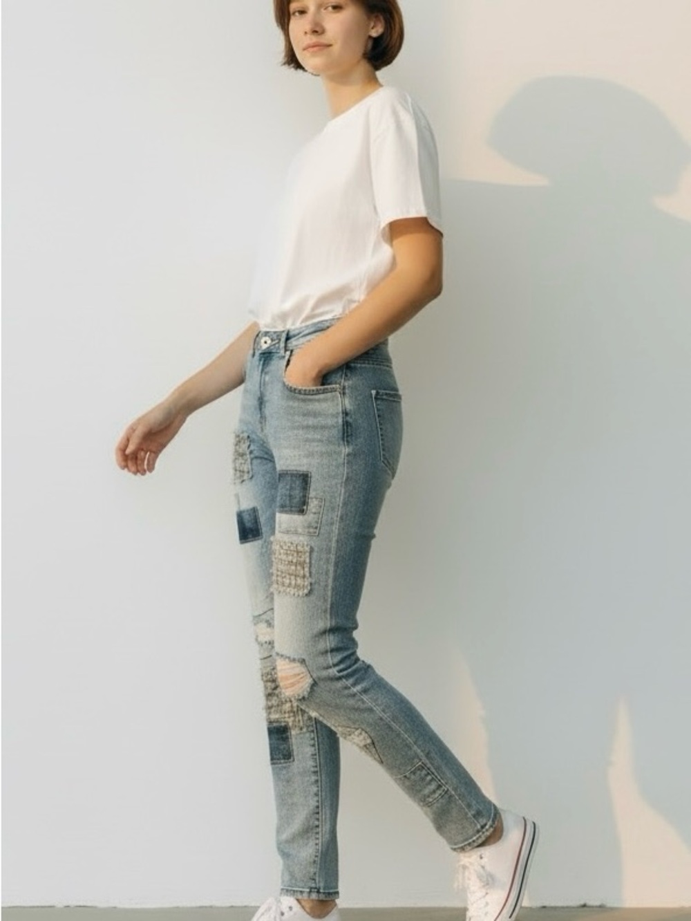Light Blue Patchwork Skinny Jeans for Kids